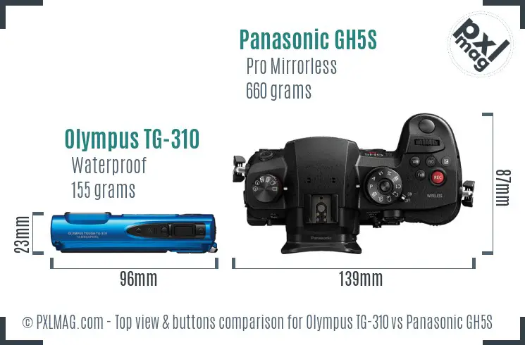 Olympus TG-310 vs Panasonic GH5S top view buttons comparison