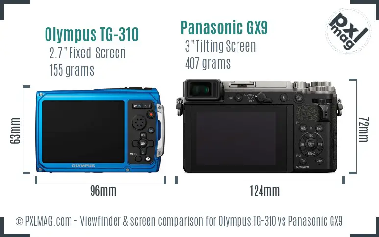 Olympus TG-310 vs Panasonic GX9 Screen and Viewfinder comparison