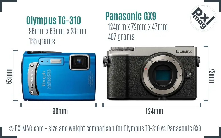 Olympus TG-310 vs Panasonic GX9 size comparison