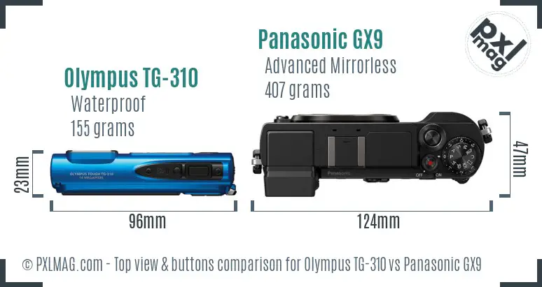 Olympus TG-310 vs Panasonic GX9 top view buttons comparison