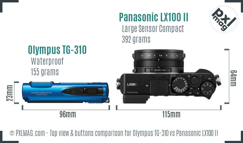 Olympus TG-310 vs Panasonic LX100 II top view buttons comparison