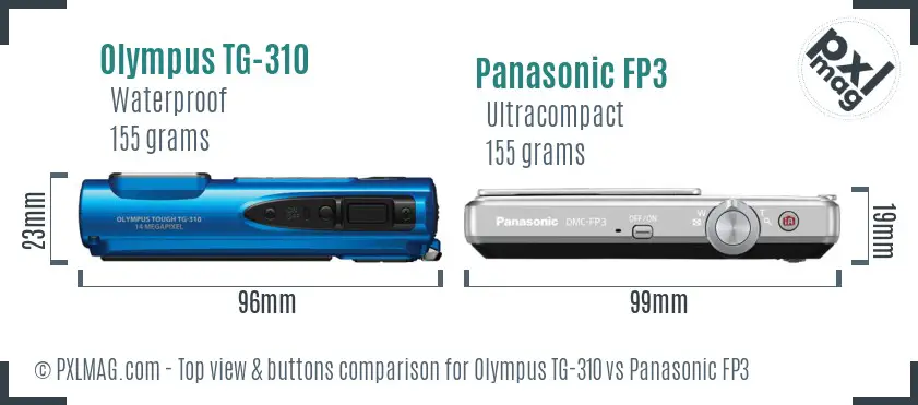 Olympus TG-310 vs Panasonic FP3 top view buttons comparison