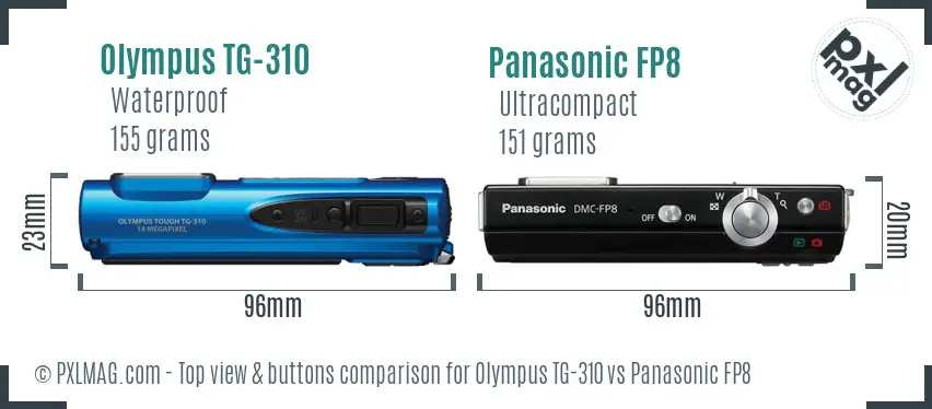 Olympus TG-310 vs Panasonic FP8 top view buttons comparison