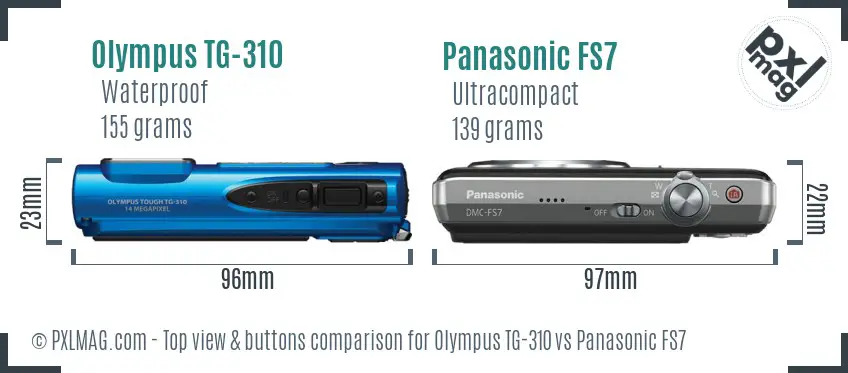 Olympus TG-310 vs Panasonic FS7 top view buttons comparison