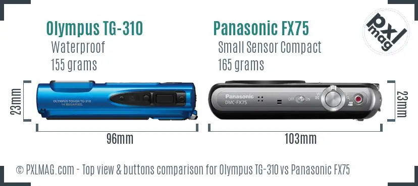 Olympus TG-310 vs Panasonic FX75 top view buttons comparison