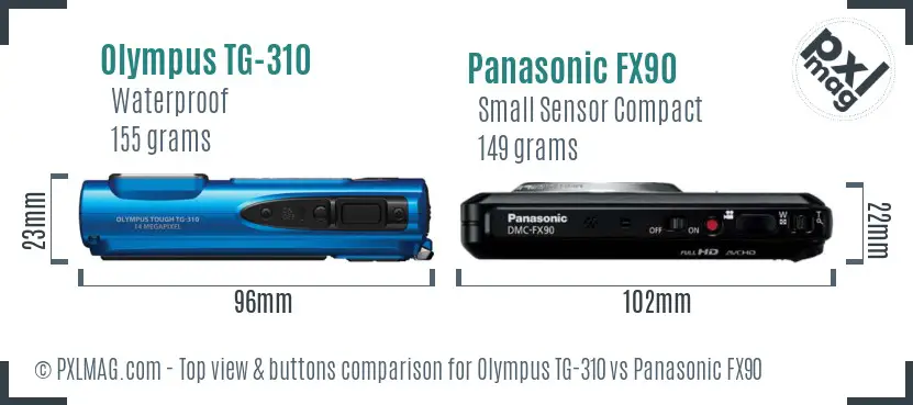 Olympus TG-310 vs Panasonic FX90 top view buttons comparison