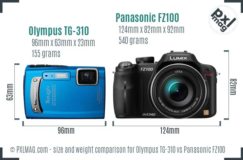 Olympus TG-310 vs Panasonic FZ100 size comparison