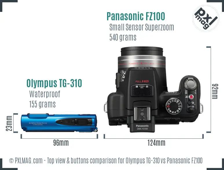 Olympus TG-310 vs Panasonic FZ100 top view buttons comparison