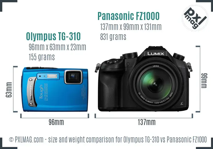 Olympus TG-310 vs Panasonic FZ1000 size comparison Olympus TG-310 vs Panasonic FZ1000 size comparison