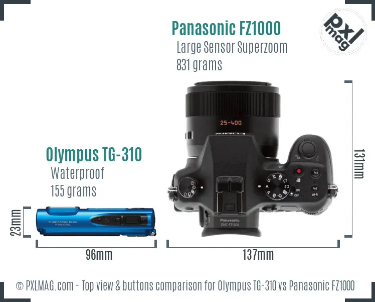 Olympus TG-310 vs Panasonic FZ1000 top view buttons comparison Olympus TG-310 vs Panasonic FZ1000 top view buttons comparison