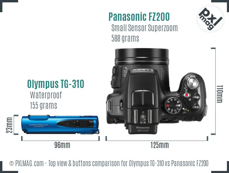 Olympus TG-310 vs Panasonic FZ200 top view buttons comparison