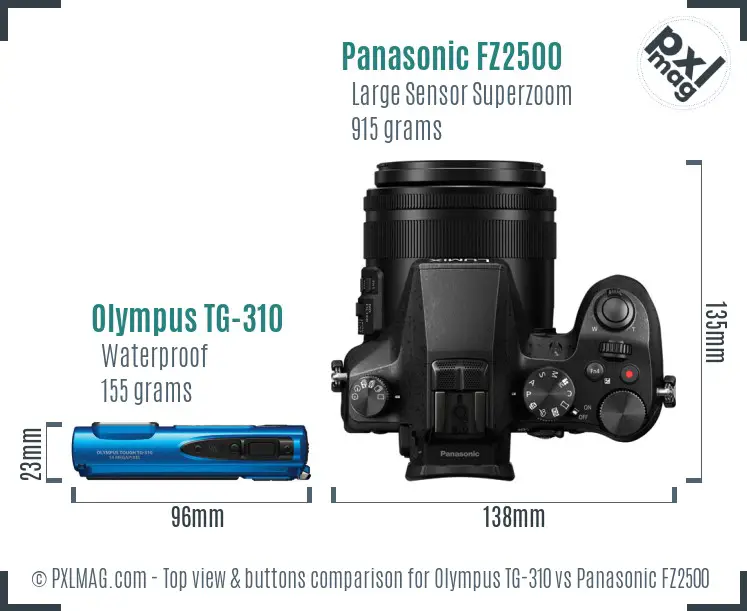 Olympus TG-310 vs Panasonic FZ2500 top view buttons comparison Olympus TG-310 vs Panasonic FZ2500 top view buttons comparison