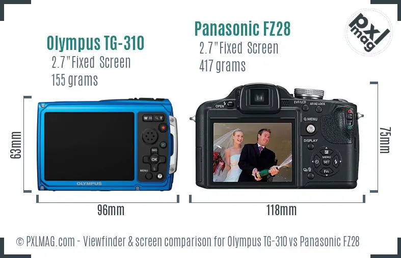 Olympus TG-310 vs Panasonic FZ28 Screen and Viewfinder comparison