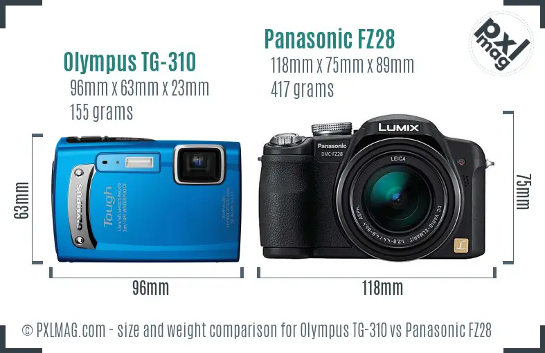 Olympus TG-310 vs Panasonic FZ28 size comparison