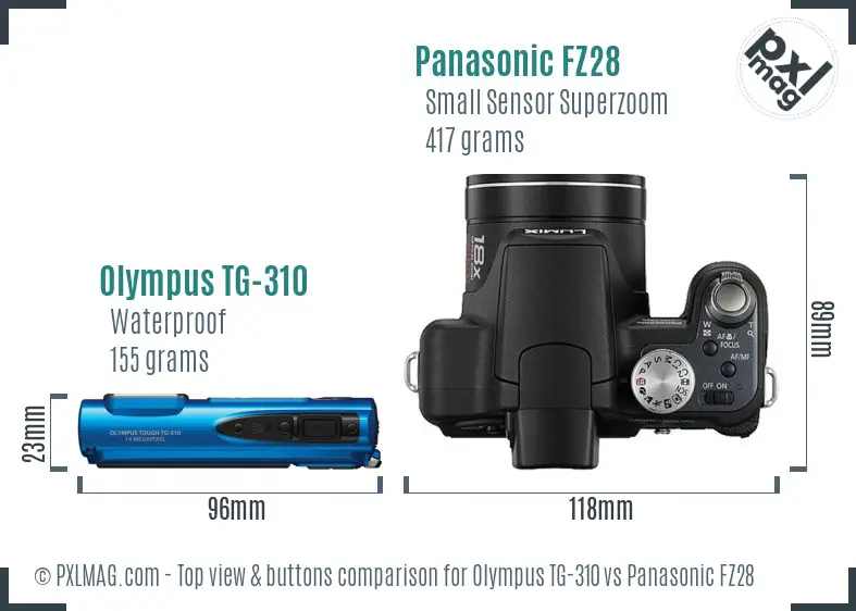 Olympus TG-310 vs Panasonic FZ28 top view buttons comparison