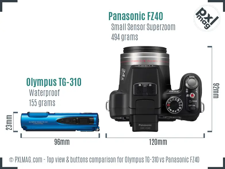 Olympus TG-310 vs Panasonic FZ40 top view buttons comparison Olympus TG-310 vs Panasonic FZ40 top view buttons comparison