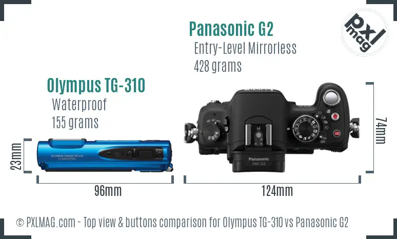 Olympus TG-310 vs Panasonic G2 top view buttons comparison