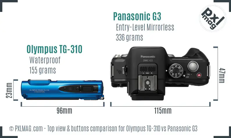 Olympus TG-310 vs Panasonic G3 top view buttons comparison
