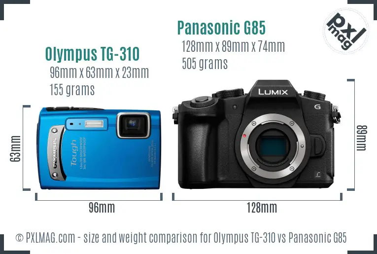 Olympus TG-310 vs Panasonic G85 size comparison