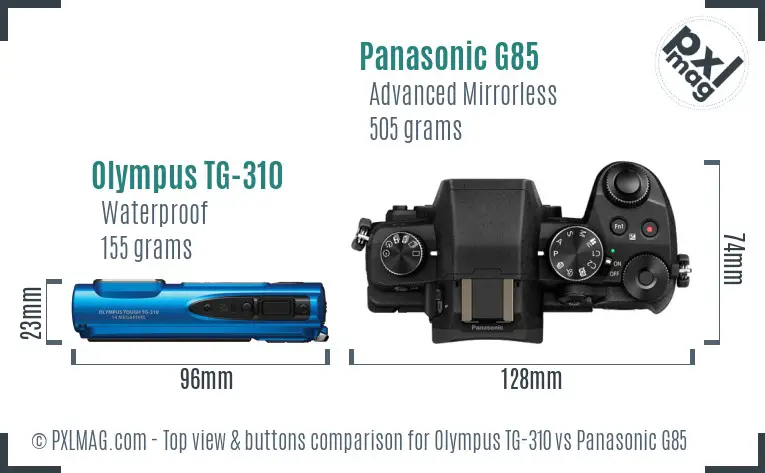 Olympus TG-310 vs Panasonic G85 top view buttons comparison