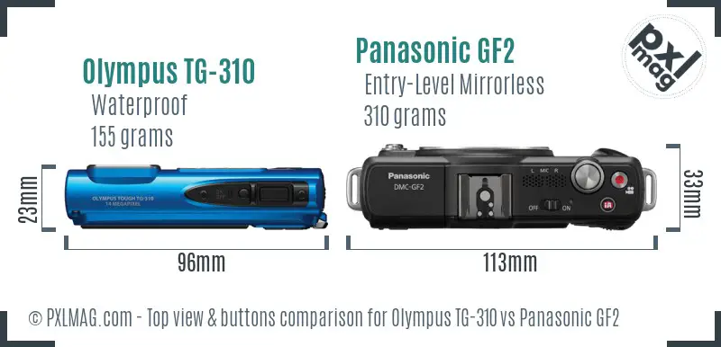 Olympus TG-310 vs Panasonic GF2 top view buttons comparison