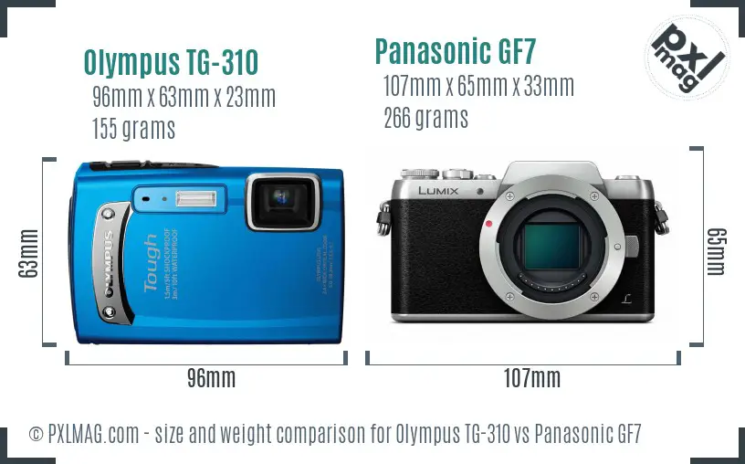 Olympus TG-310 vs Panasonic GF7 size comparison