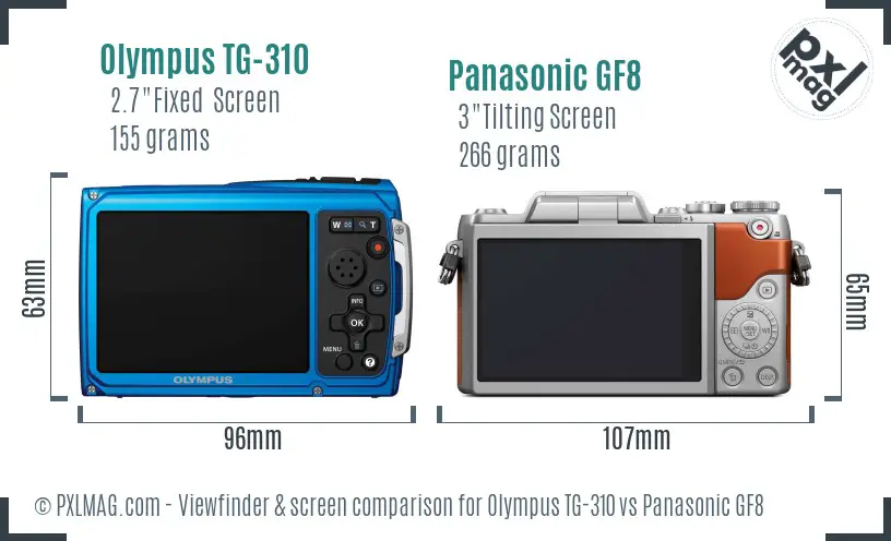 Olympus TG-310 vs Panasonic GF8 Screen and Viewfinder comparison