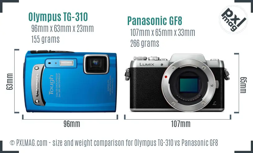 Olympus TG-310 vs Panasonic GF8 size comparison