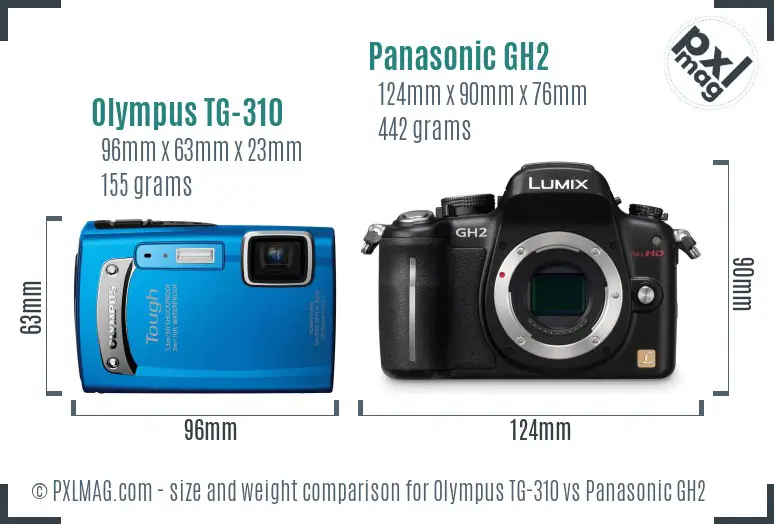 Olympus TG-310 vs Panasonic GH2 size comparison