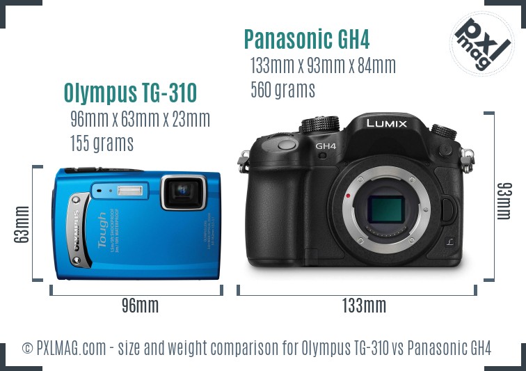 Olympus TG-310 vs Panasonic GH4 size comparison