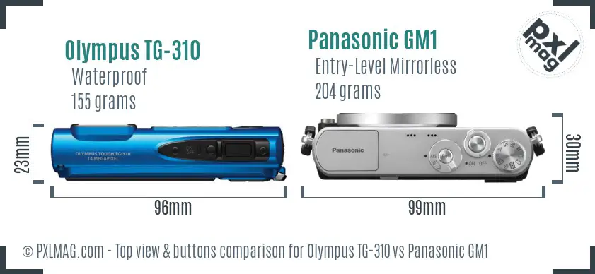 Olympus TG-310 vs Panasonic GM1 top view buttons comparison Olympus TG-310 vs Panasonic GM1 top view buttons comparison