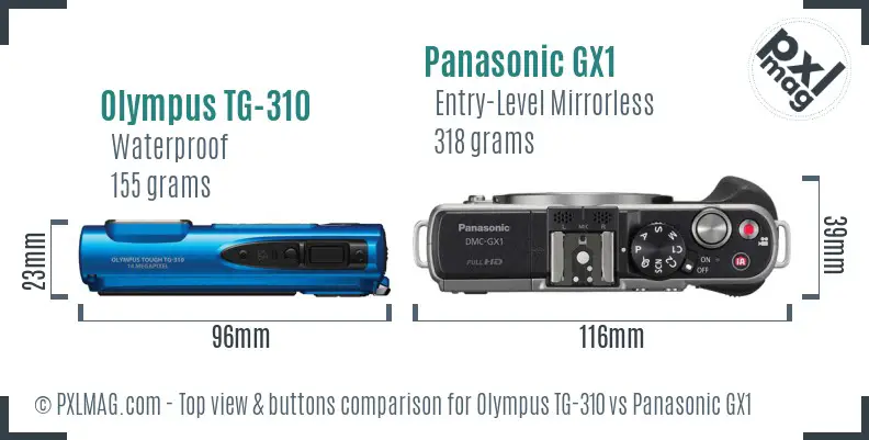 Olympus TG-310 vs Panasonic GX1 top view buttons comparison