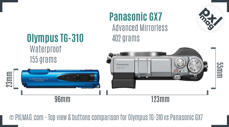 Olympus TG-310 vs Panasonic GX7 top view buttons comparison