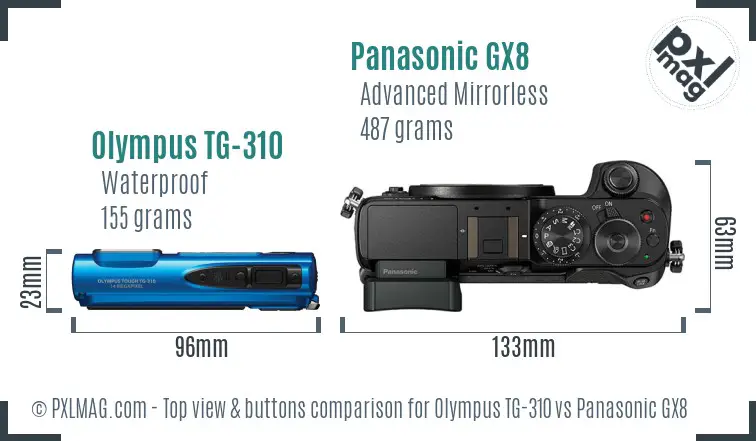 Olympus TG-310 vs Panasonic GX8 top view buttons comparison
