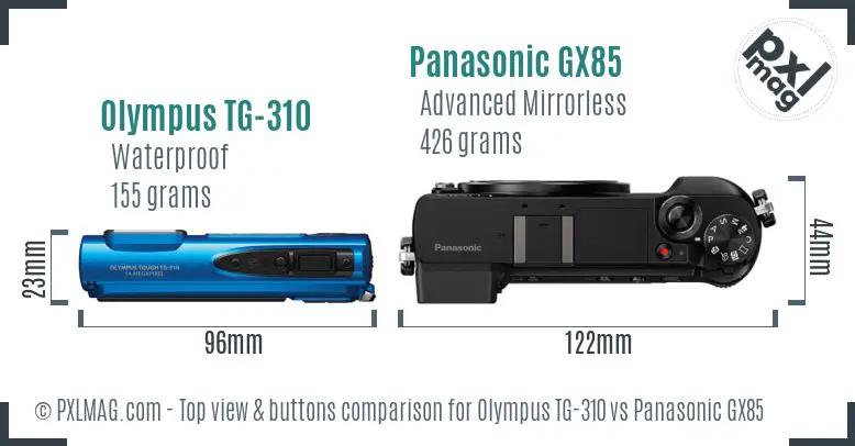 Olympus TG-310 vs Panasonic GX85 top view buttons comparison