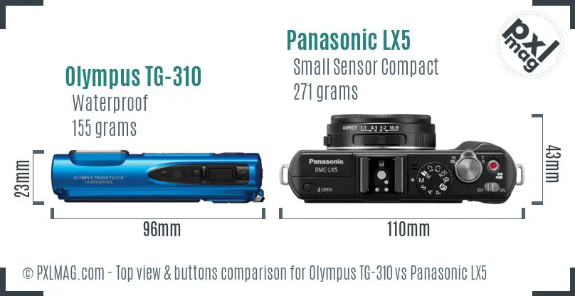 Olympus TG-310 vs Panasonic LX5 top view buttons comparison