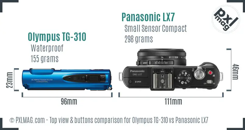 Olympus TG-310 vs Panasonic LX7 top view buttons comparison