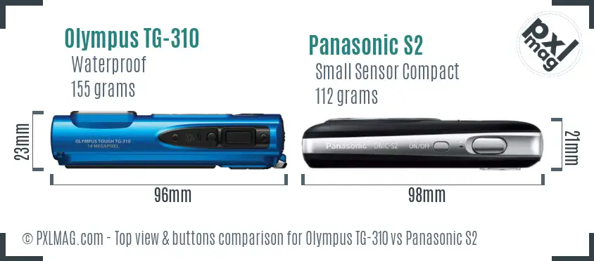 Olympus TG-310 vs Panasonic S2 top view buttons comparison Olympus TG-310 vs Panasonic S2 top view buttons comparison