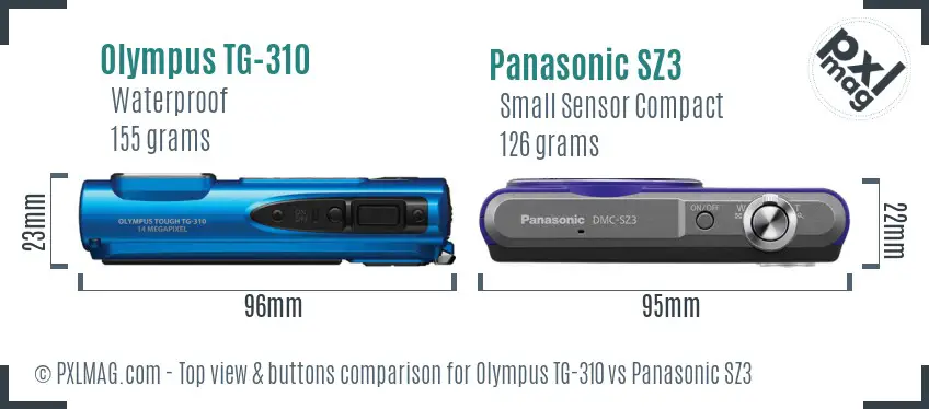 Olympus TG-310 vs Panasonic SZ3 top view buttons comparison