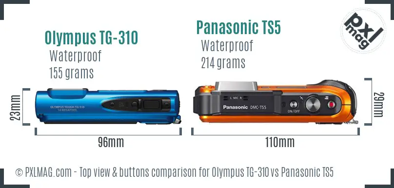 Olympus TG-310 vs Panasonic TS5 top view buttons comparison