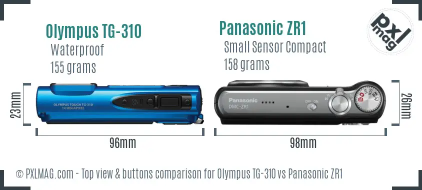Olympus TG-310 vs Panasonic ZR1 top view buttons comparison