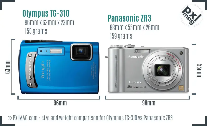 Olympus TG-310 vs Panasonic ZR3 size comparison