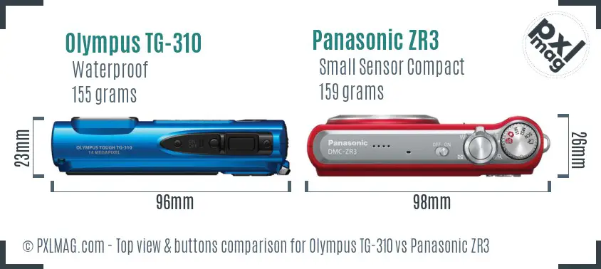 Olympus TG-310 vs Panasonic ZR3 top view buttons comparison