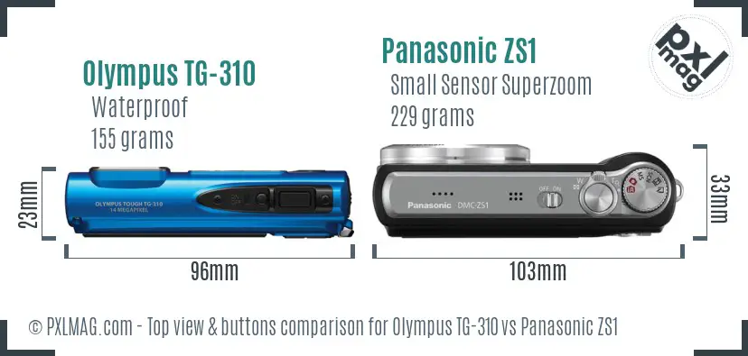Olympus TG-310 vs Panasonic ZS1 top view buttons comparison