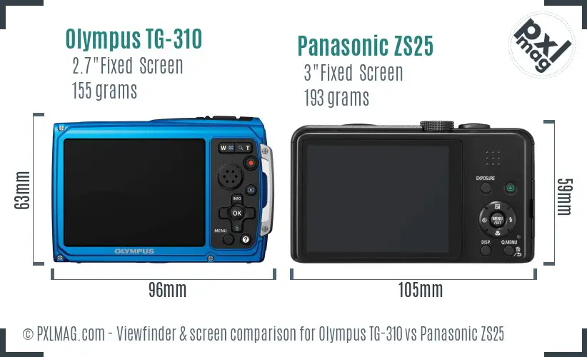 Olympus TG-310 vs Panasonic ZS25 Screen and Viewfinder comparison