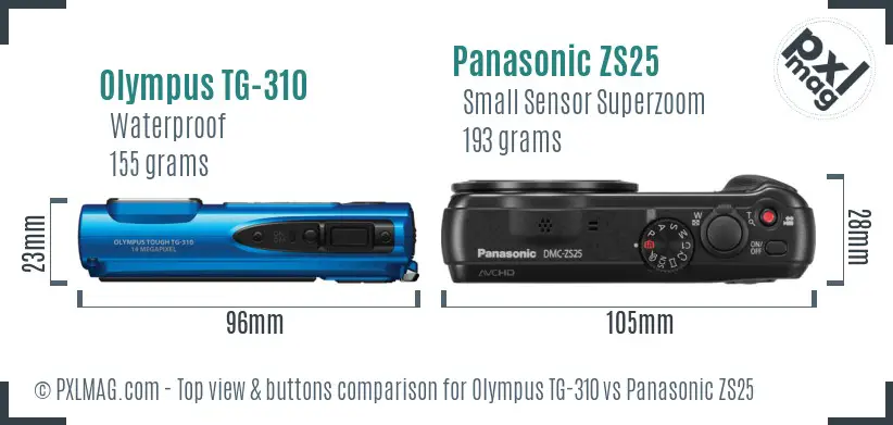 Olympus TG-310 vs Panasonic ZS25 top view buttons comparison