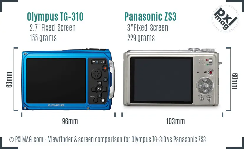 Olympus TG-310 vs Panasonic ZS3 Screen and Viewfinder comparison