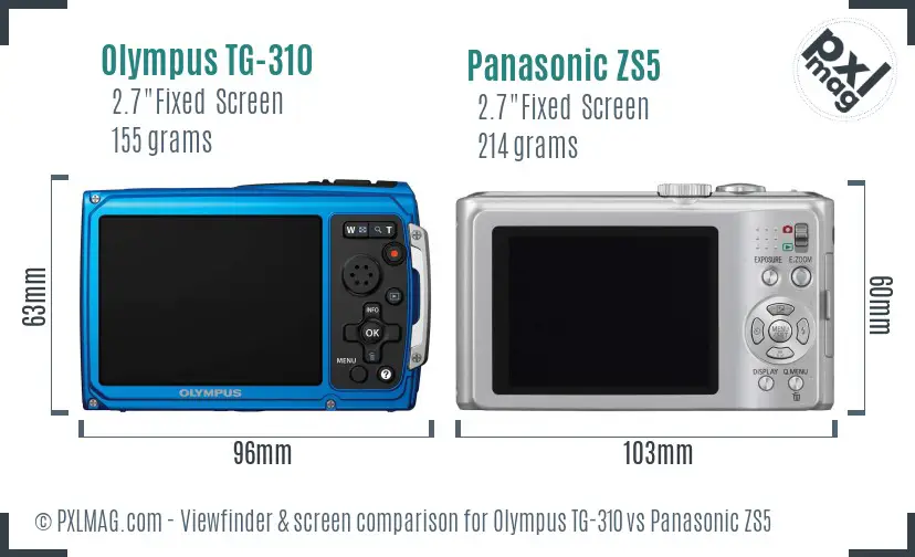 Olympus TG-310 vs Panasonic ZS5 Screen and Viewfinder comparison