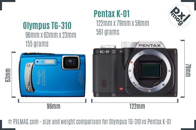 Olympus TG-310 vs Pentax K-01 size comparison