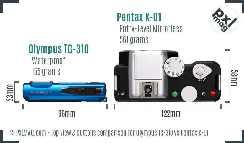 Olympus TG-310 vs Pentax K-01 top view buttons comparison